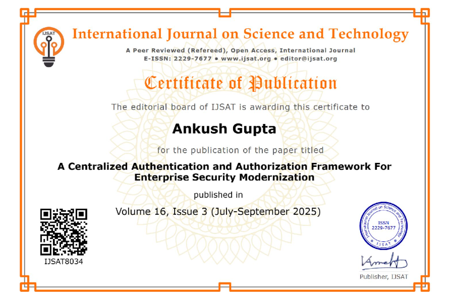 IJST publication certificate — Ankush Gupta centralized authentication framework for enterprise security