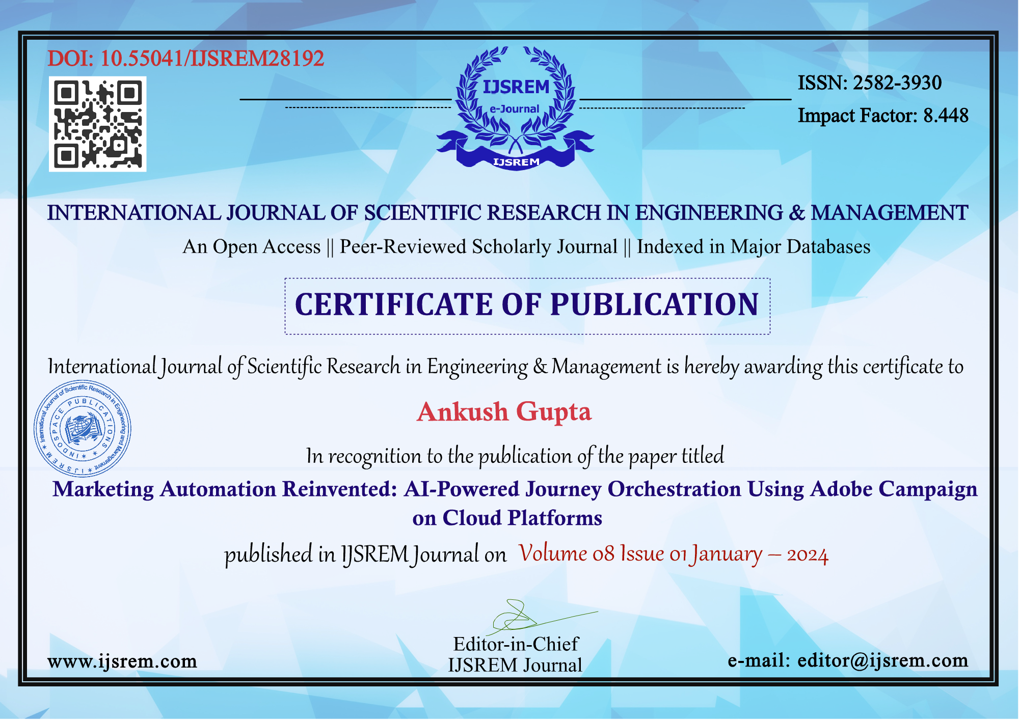 e certificate ijsrem ankush gupta