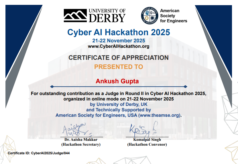 Cyber AI Hackathon 2025 committee member appointment for Ankush Gupta