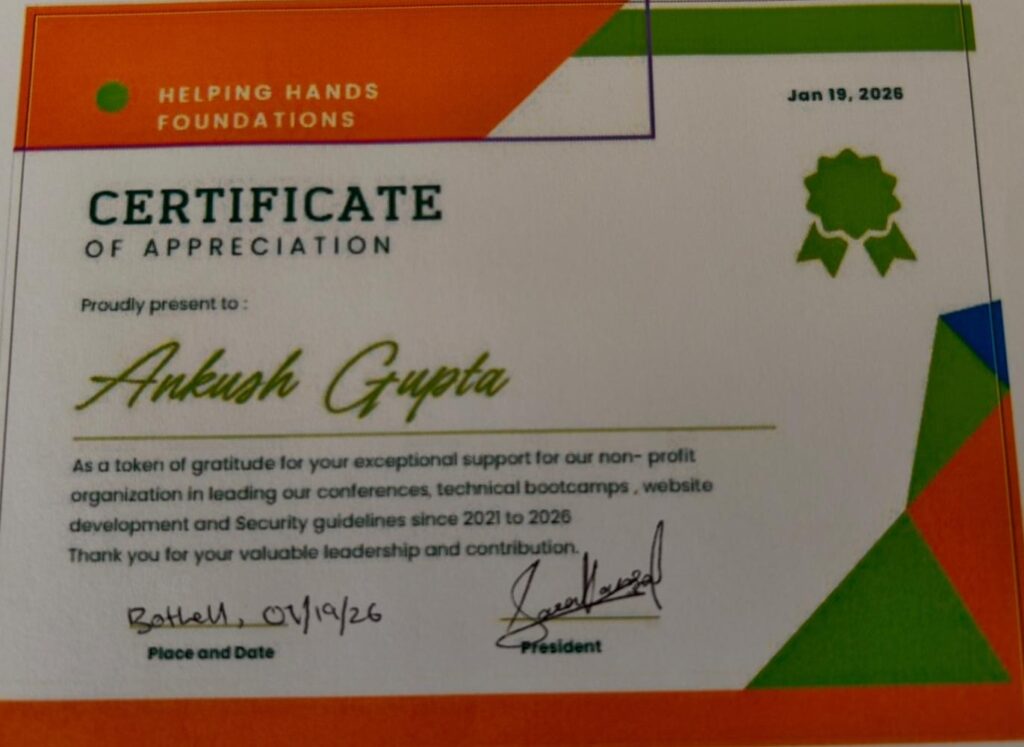 Ankush Gupta volunteering with Helping Hand Foundation community event Greater Seattle Area