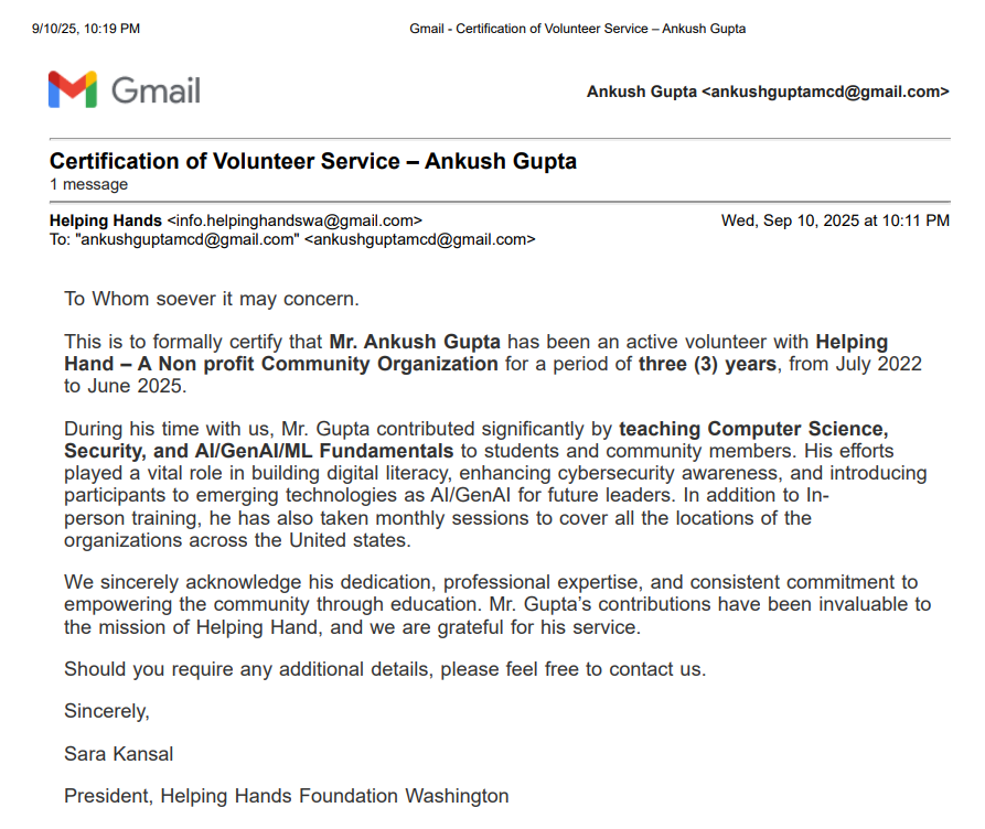 Helping Hands Community volunteering certificate for Ankush Gupta