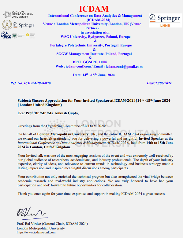 Appreciation letter from ICDAM 2024 to Ankush Gupta for contribution as invited speaker