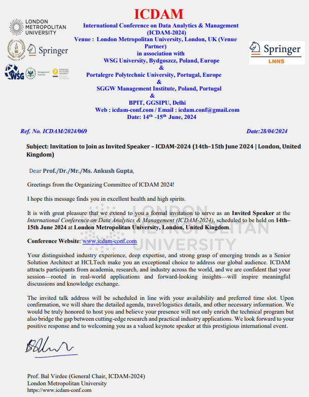 ICDAM 2024 invitation letter for Ankush Gupta as invited speaker