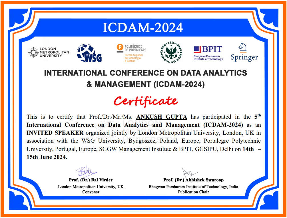 ICDAM 2024 recognition certificate for Ankush Gupta