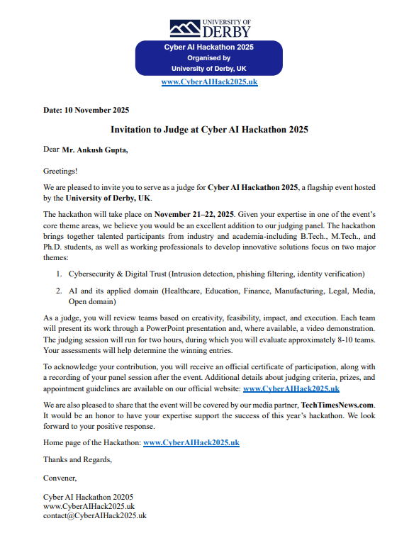 Ankush Gupta listed as judge and evaluator at international technology competition 2026