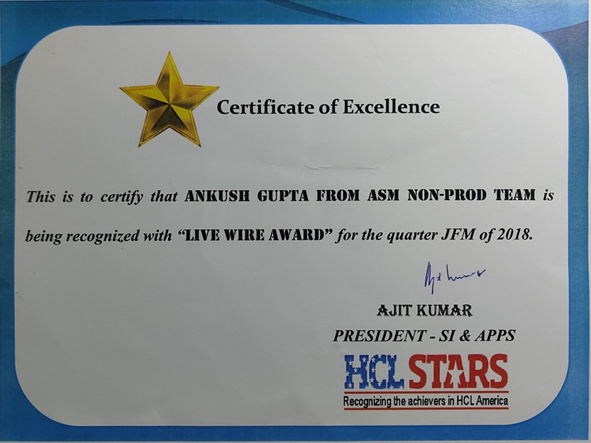 HCL performance award certificate for Ankush Gupta