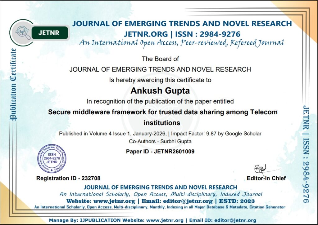 JETNR publication — Ankush Gupta secure middleware framework for trusted telecom data sharing
