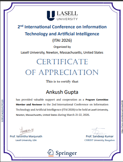 Ankush Gupta listed as Program Committee Member and Reviewer at international AI and cybersecurity research conference