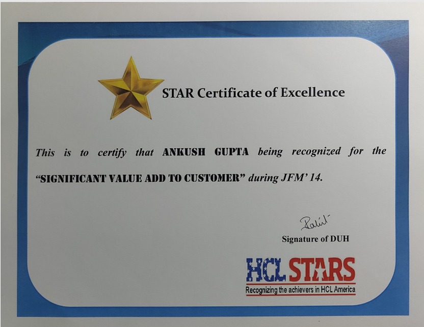 Star Certificate of Excellence awarded to Ankush Gupta for enterprise technology leadership
