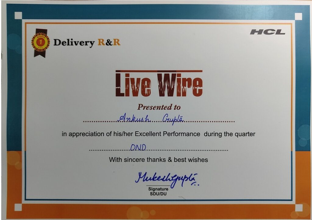 Excellent Performance Award certificate for Ankush Gupta, enterprise architect at HCL