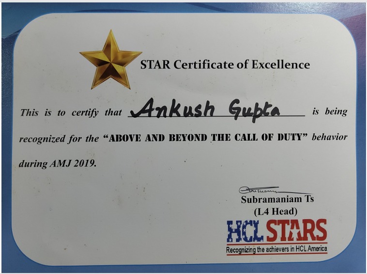 Professional recognition certificate for Ankush Gupta technology contributions